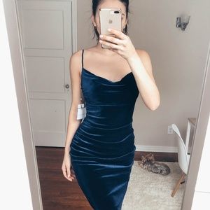 Navy blue velvet cowl neck cocktail dress